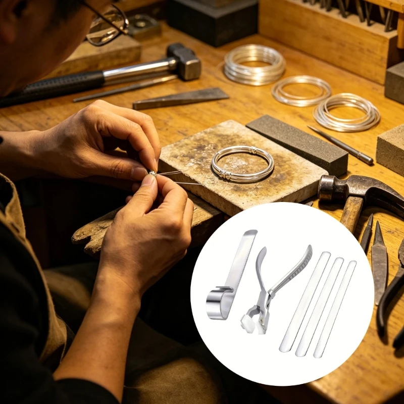 Jewelry Bangle Shaping Tool Set, 5 Piece with Holding Base, Protective Jaw Plier and 3 Straight Forming Guides for and M4YD