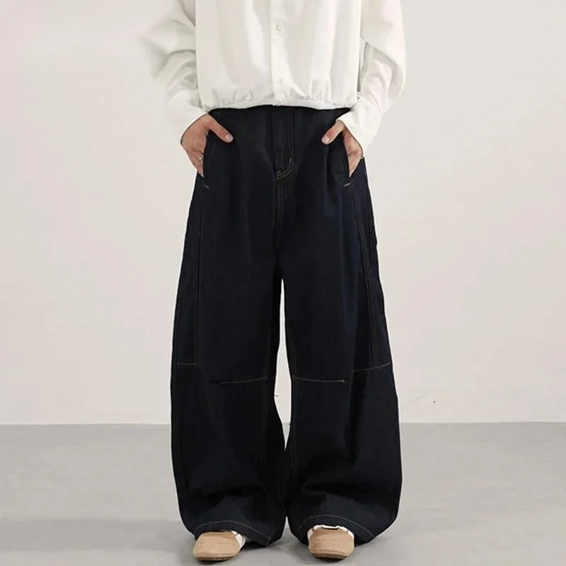 Vintage Men's Jeans Solid Color Wide Leg New Streetwear Silhouette Curved Knife Pants Deconstruction Denim Bottom 9W35B0