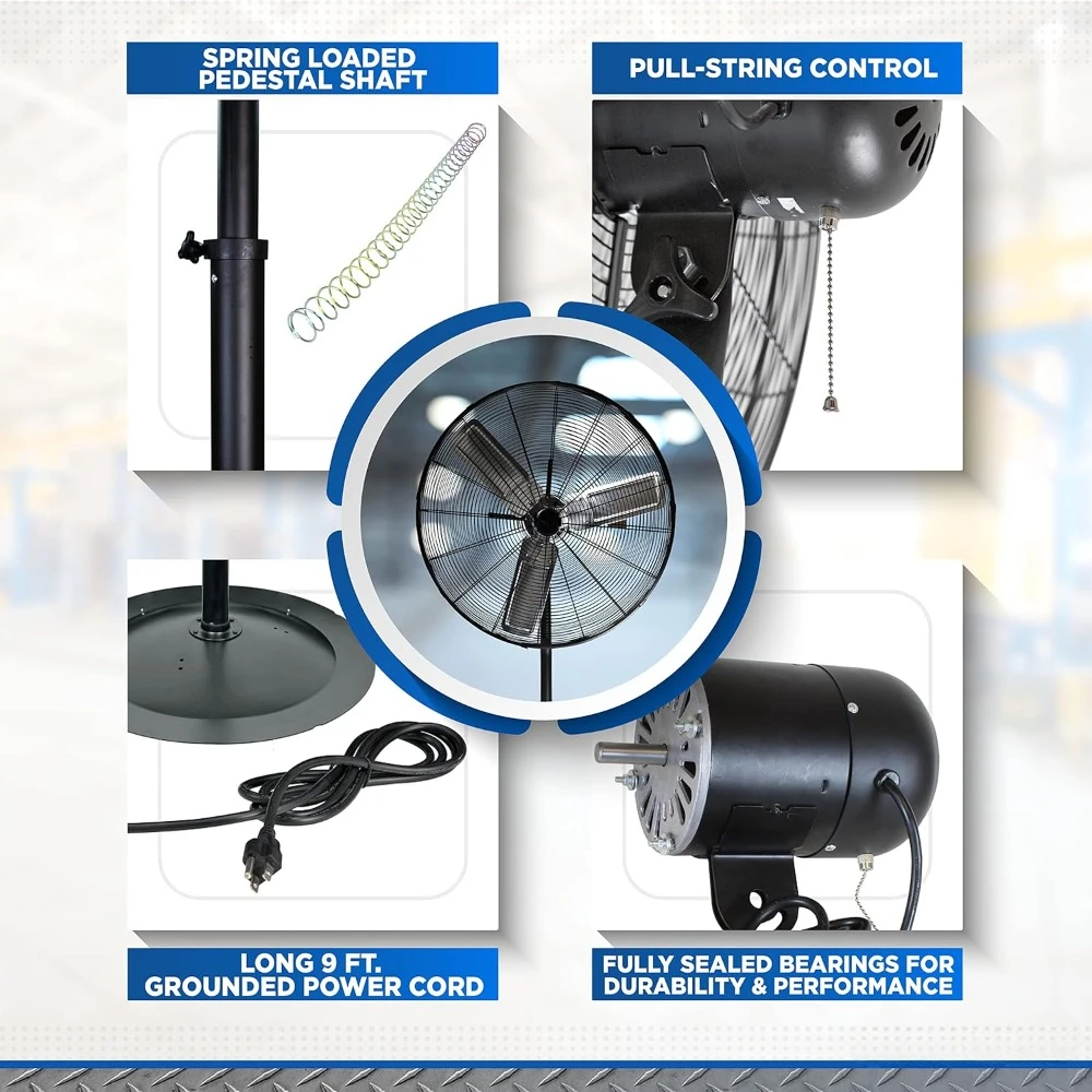 Industrial Pedestal Fan, 30 inch, 3 Speed, High Velocity, Adjustable Height 56” to 76”, Metal, Airflow 36 ft/sec