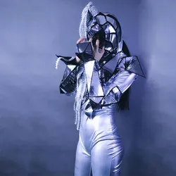 Soldier men and women gogo dance team party rave costume mask Silver mirror costume Future technology show stage jumpsuit set