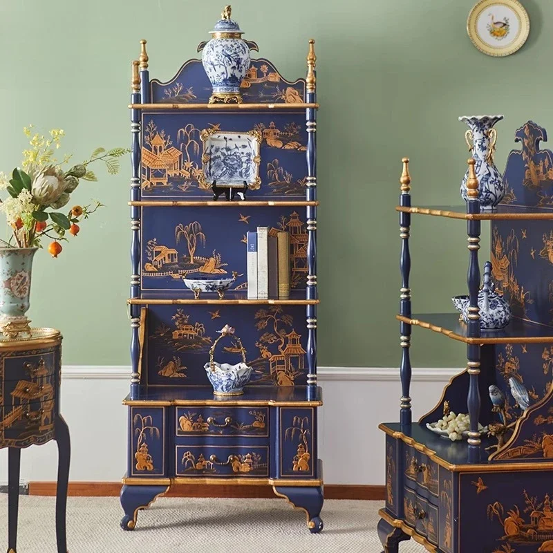 

French Chinese style bookshelf solid wood hand-painted display cabinet retro storage shelf classical luxury display shelf blue