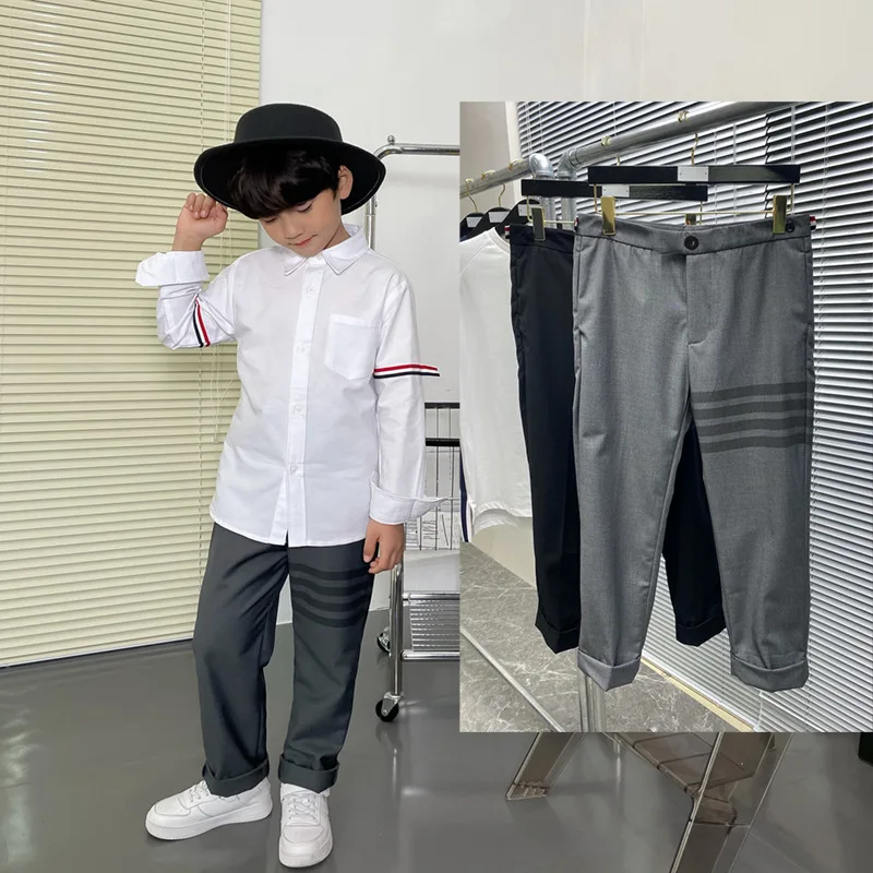 

Children's Boys' Black Spring And Autumn School Uniform Pants, Girls' Performance, Solid Color Dark Gray Suit Pants