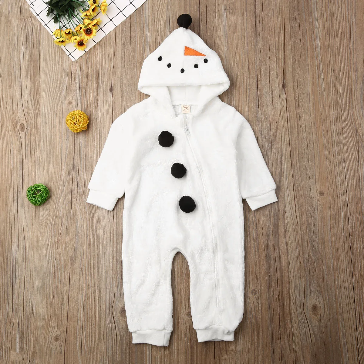 Toddler Baby Boy Girl Christmas Snowman Fleece Romper Winter Long Sleeve Zipper Hooded Jumpsuit Costume Xmas Clothes