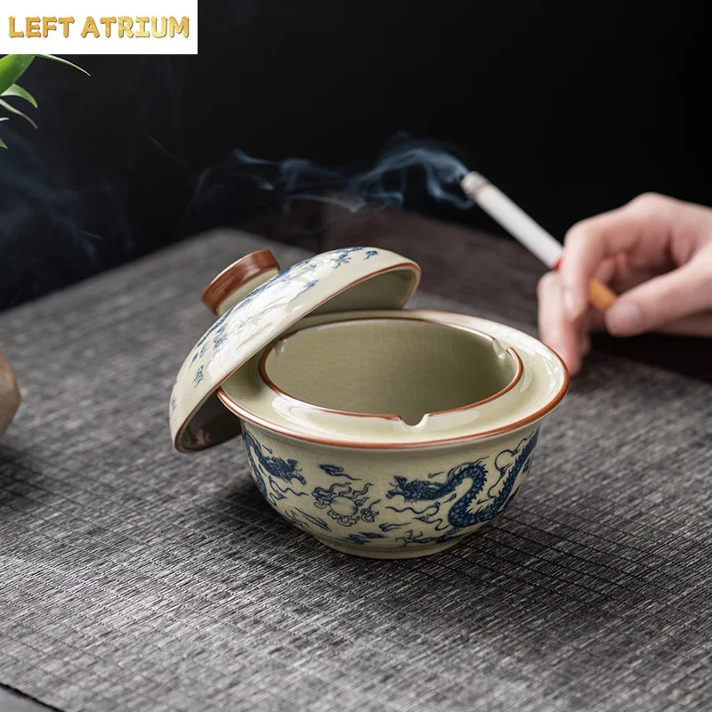 Chinese Style Ceramic With Cover Ashtrays, Home Living Room Office Decoration, Anti Fly Ash Dragon/Blessing Pattern Ashtray, 1Pc