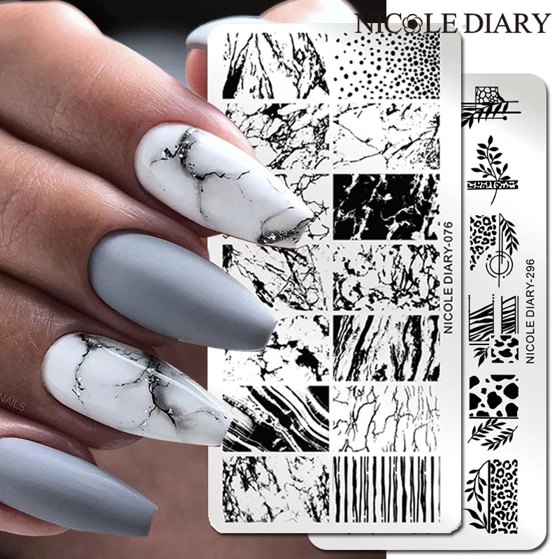 NICOLE DIARY Marble Blooming Nail Stamping Plate Leaf Flower Line Image Nail Stamp Templates UV Gel Polish Printing Plate Tools