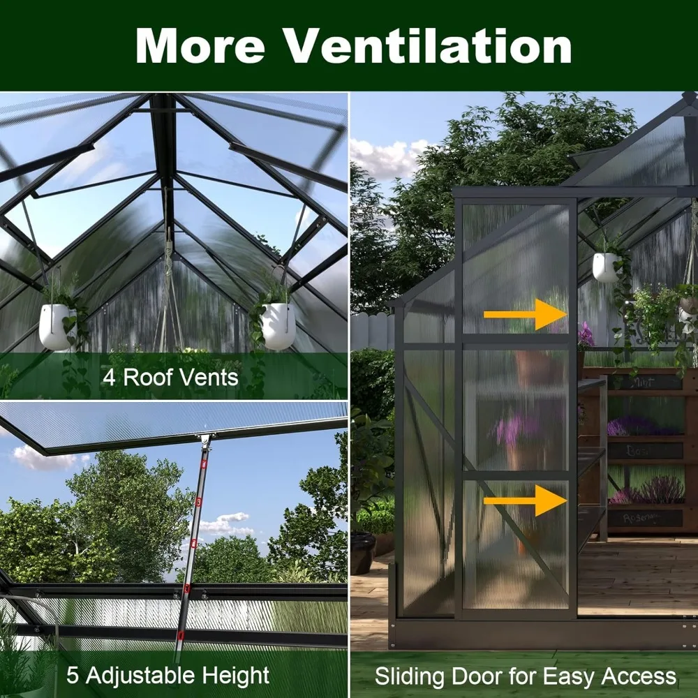 Großes Aluminium-Gewächshaus mit Belüftungsfenstern, 2 Schiebetüren, begehbar im Freien, 8 x 14 x 7,5 Fuß Polycarbonat-Gewächshaus