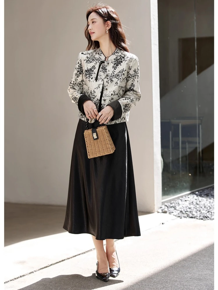 

VIMLY элегантные женские комплекты платьев в китайском стиле, жаккардовые куртки, длинное атласное платье на подтяжках, осень 2024, женский комплект из двух предметов A2939