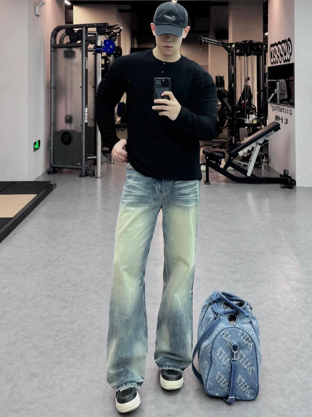 

Blue Men's Distred Waed Wide Leg Jeans American Sle Faded Straight Cut Trousers Cleanfit Casual Autumn Denim Pants