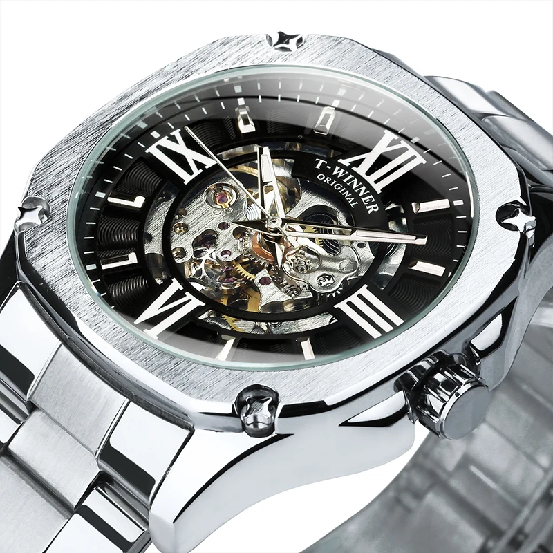 WINNER Business Square Skeleton Automatic Mechanical Watch for Men Luminous Hands Stainless Steel Strap Fashion Mens Watches New
