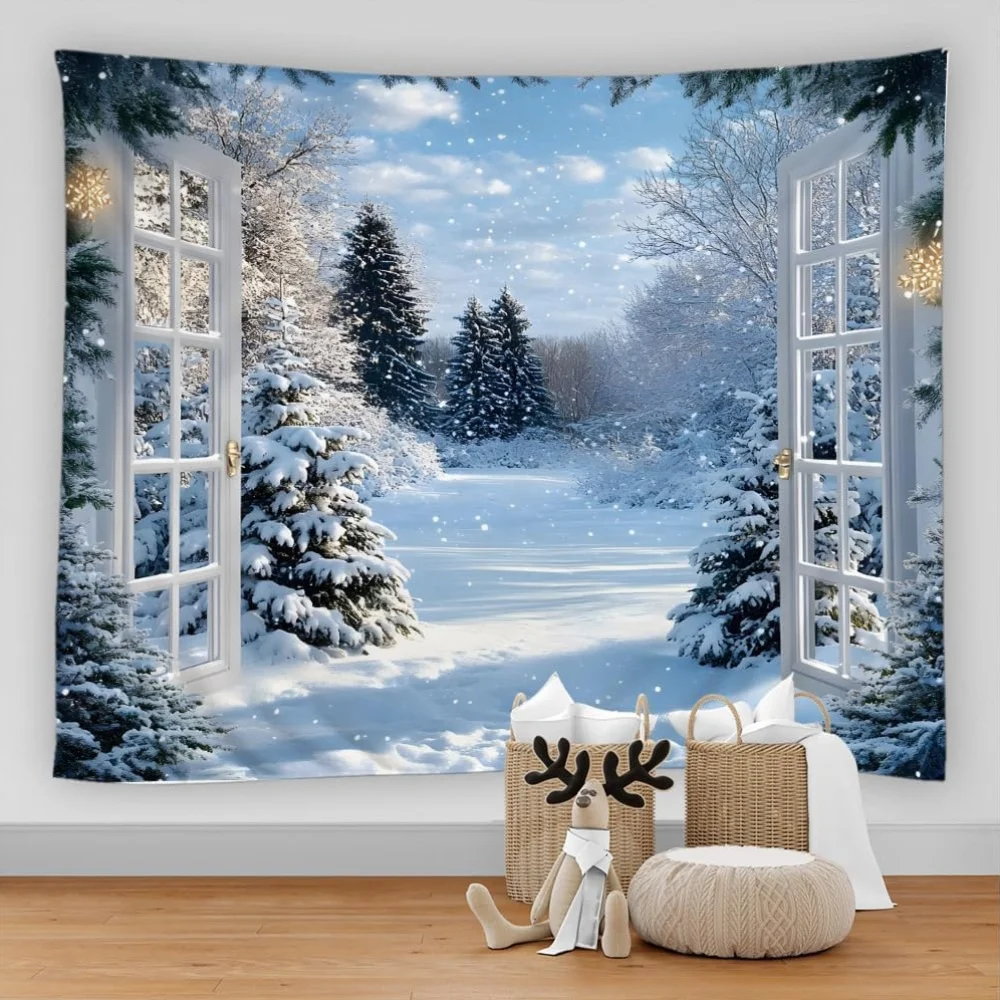Winter Forest Snow Tapestry - Snow-Covered Pine & Fir Tree Landscape with Glowing Window Frames, Rustic Christmas Wall Hanging F