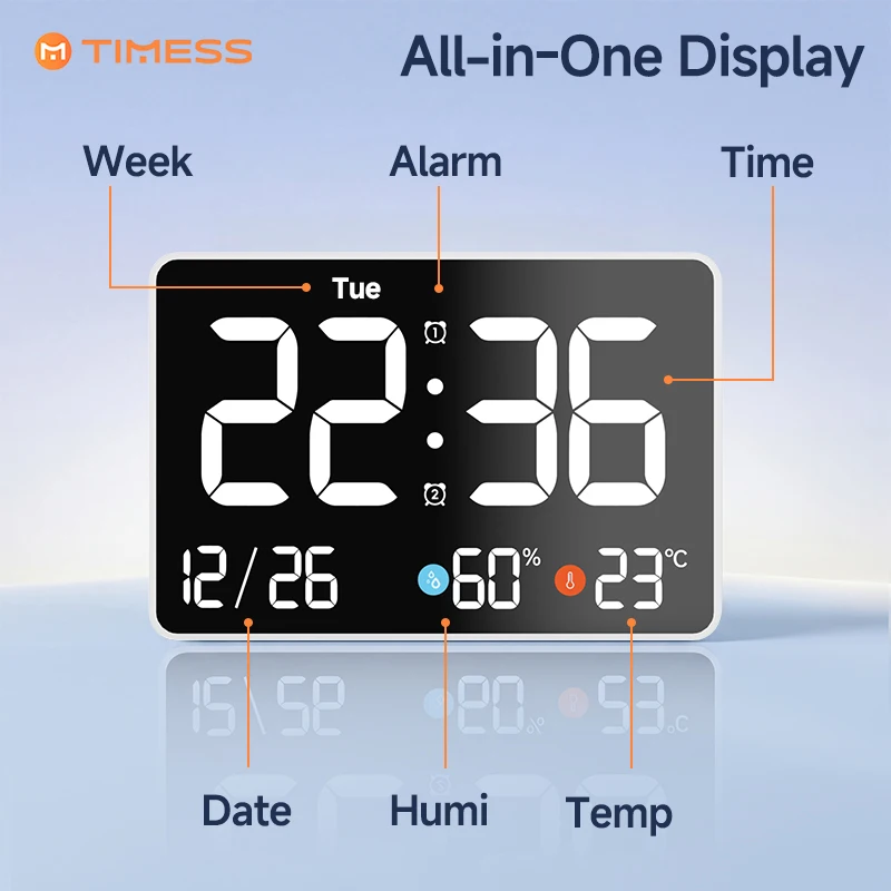 TIMESS 11 Inch LED Digital Alarm Clock Large Display with Date Day Temperature Humidity Dual Alarm Special Date Reminder Wall Mount Tabletop Plug-in