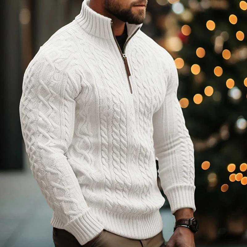 Mens Winter Knitted Sweater Half Zipper Coat Solid Color Twisted Flower Thickened Hooded Streetwear