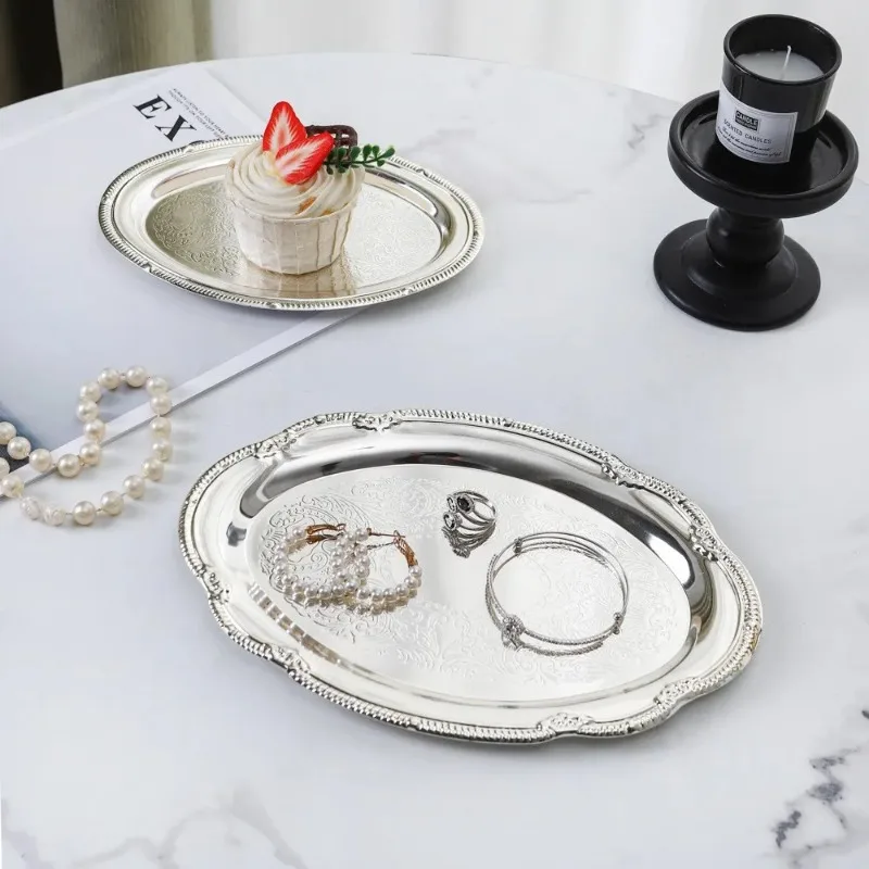 2PC Oval Decorative Serving Trays Silver Tray Jewelry Storage Organizer Iron Art Platter for Party, Coffee Table & Home Decor