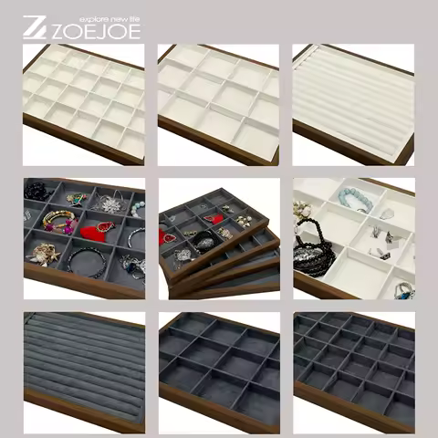 ZOEJOE 24-Grid Jewelry Tray, Wood Frame, Velvet Lining, Stackable Jewelry Storage Organizer for Earrings, Rings, Necklaces