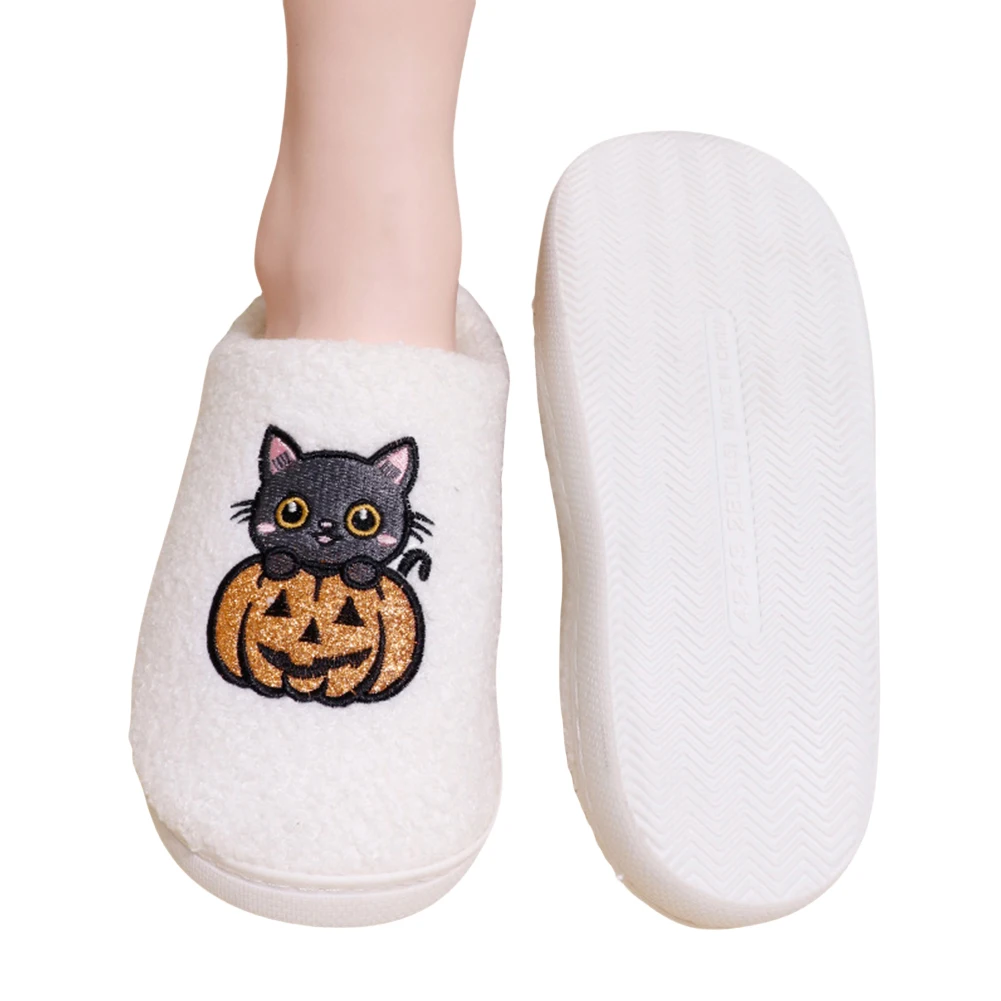 

Halloween Plush Slippers Warm Slip-on House Shoes Comfortable Cute Cat Slippers Anti Slip Pumpkin Cat Slides for Indoor Bedroom