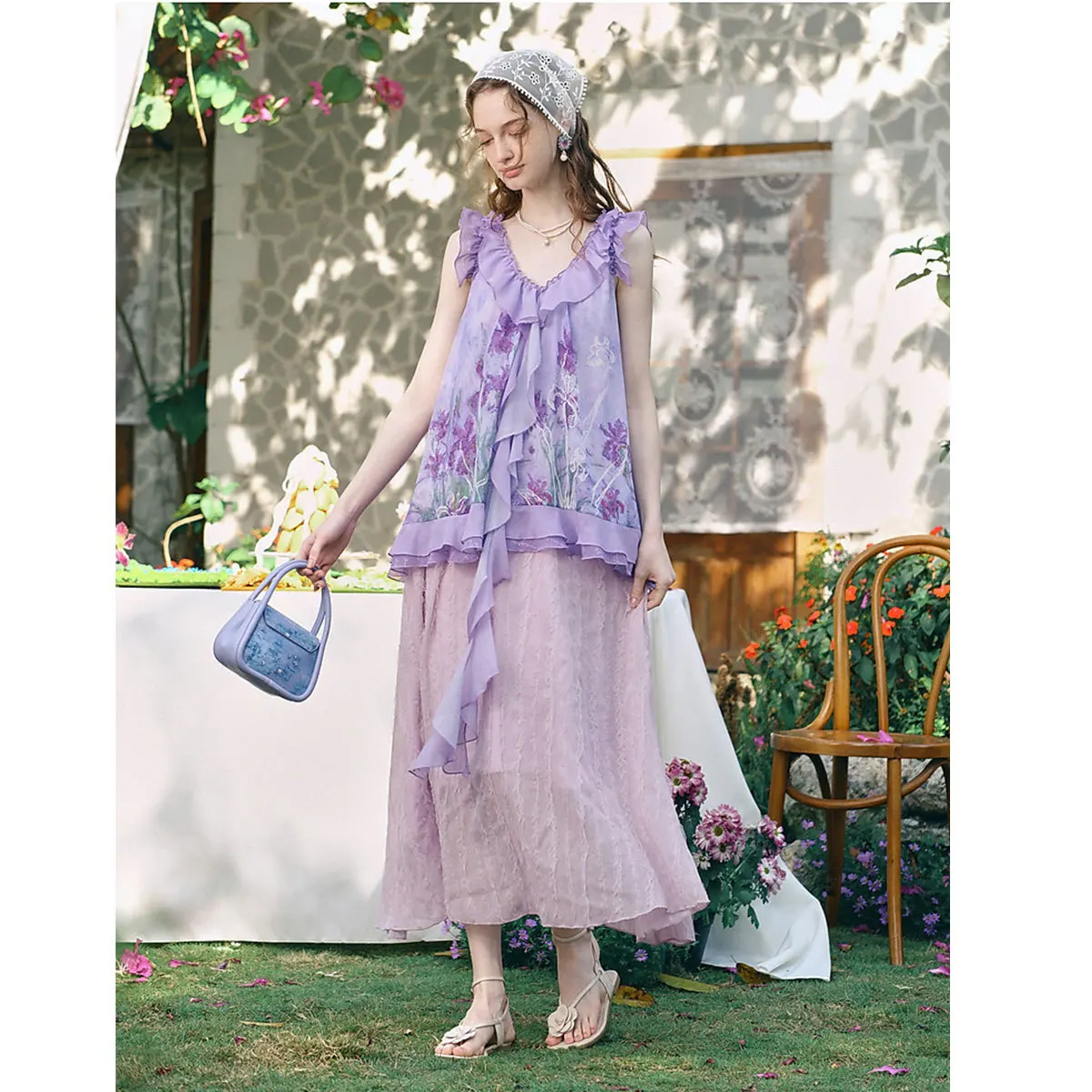 

Summer Chic Resort Dress: Romantic Ruffle V-Neck Printed Patchwork Two-Piece