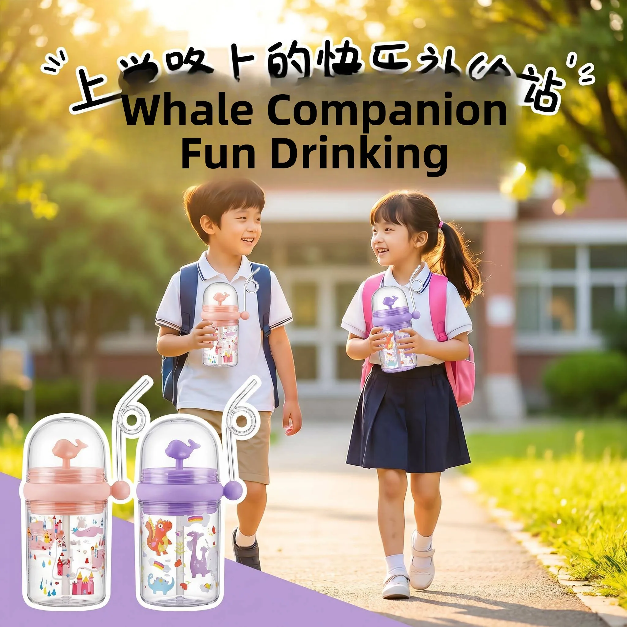 子供用クリエイティブ漫画クジラ水筒学校専用ストローカップ男の子用ステンレスカップかわいいスタイル蓋なしプラスチック製