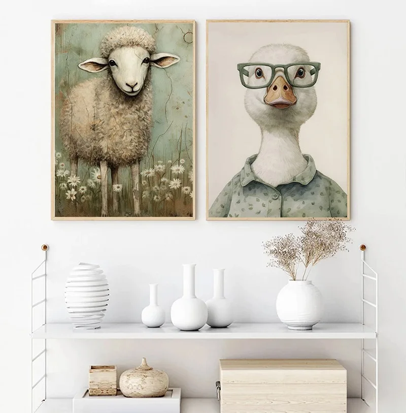 Highland Cow Family Sheep Goose Poster Canvas Painting Print Wall Art Picture Rustic  Farm Animal  Home Decoration