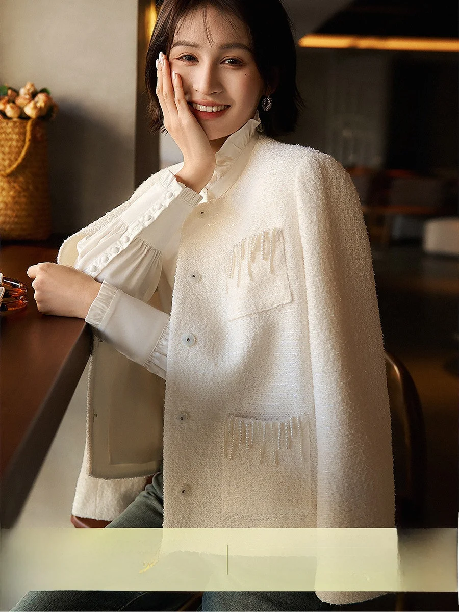 

Xhange Pearls Tassel Outerwear And Dr Set Ele Commute Sle Four Seasons ort Length Medium Thin for Women