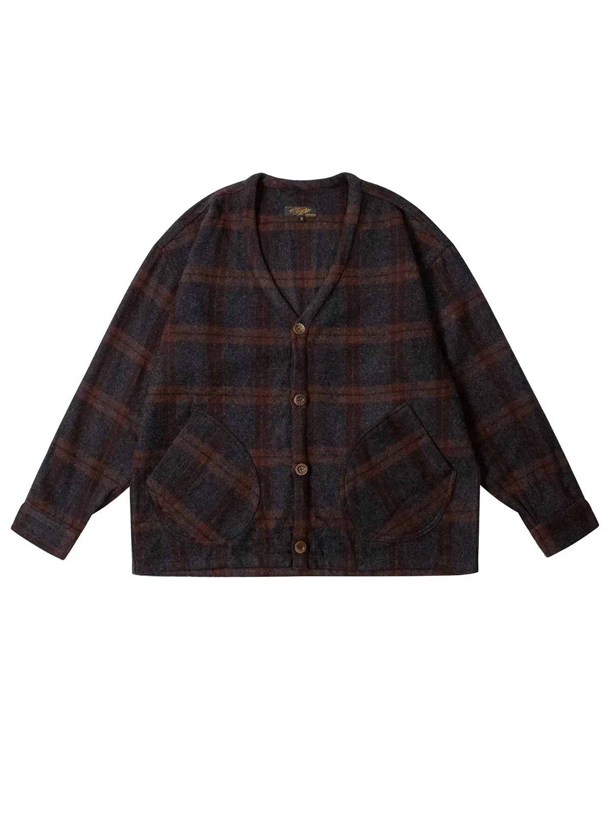 Second Order Retro Woolen Collarless Jacket Urban Vintage Style Mens Plaid Cardigan Loose Fit