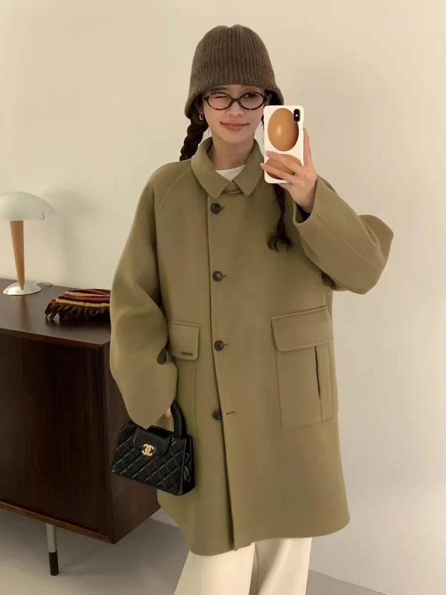 

Dongda Gate Egg домашний воротник съемное шерстяное пальто женское винтажное свободное пальто средней длины Jaet 2025 зимняя модная женская одежда