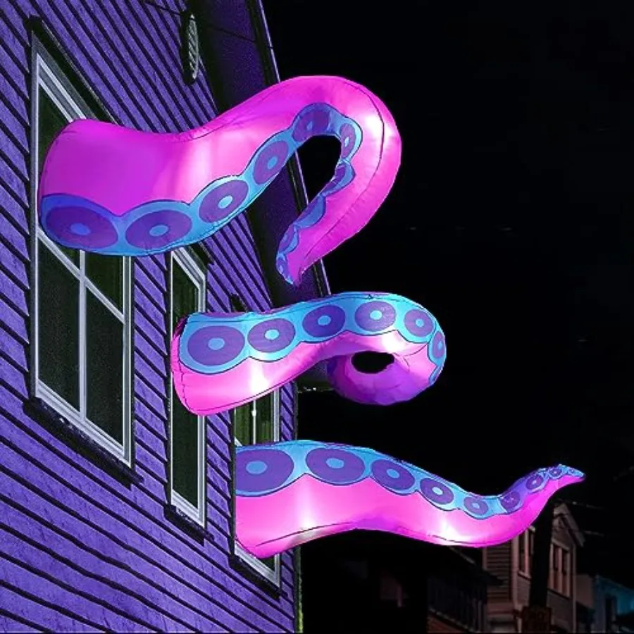Halloween outdoor window decor: inflatable octopus tentacles with built-in LEDs, black color, weather-resistant PVC material, e