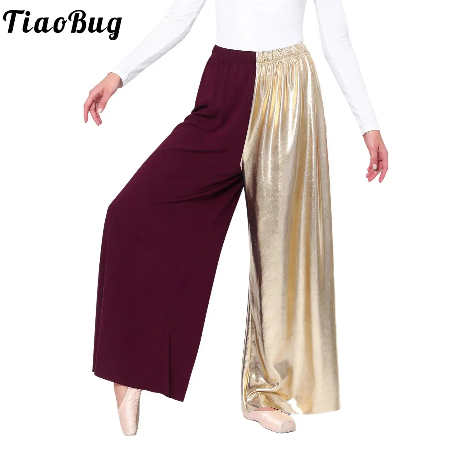 

Women Color Block Worship Praise Lyrical Dance Trousers Ballroom Ballet Dancewear Bottoms Metallic Patchwork Wide Leg Long Pants
