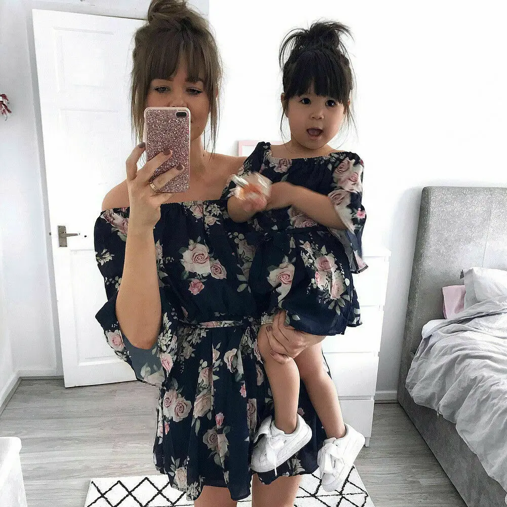 

Mother And Daughter Dress Clothes Family Matching Outfits Off Shoulder Floral Summer Women Girls Boho Dresses Sundress Hot Sale