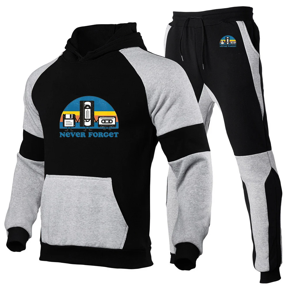 

2026 Never Forget Sarcastic Graphic Music Funny Men's New Spring And Autumn Patchwork Color Pullover + Sweatpants Suit