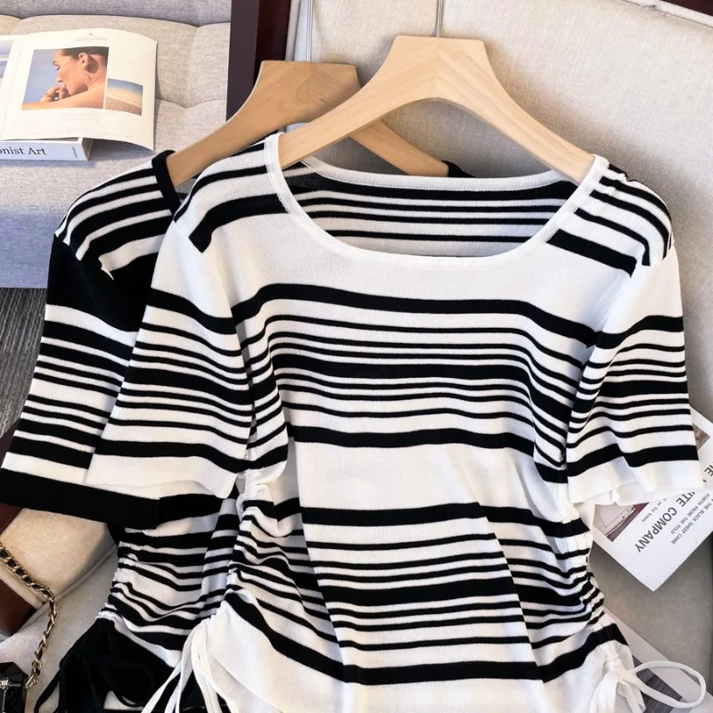 

Summer Short Sleeve O-Neck Knitted Women Sweater Pullover Striped Knit Sweater Women Tops Blusas Mujer De Moda 2024 Verano J989