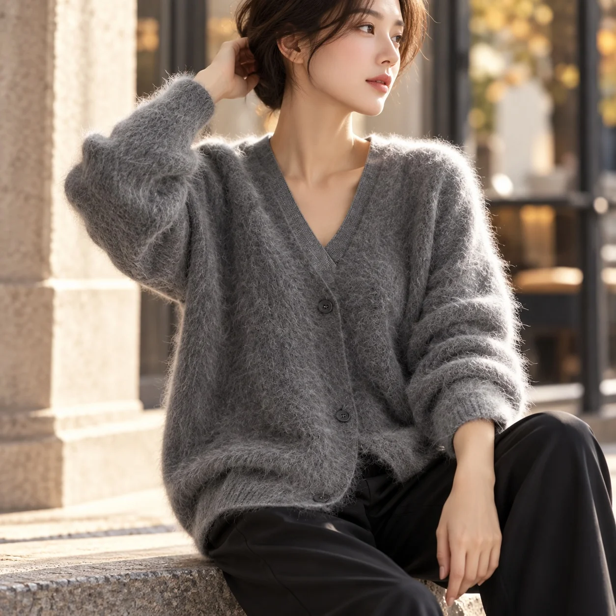 V Neck Loose Fit Coat with Regular Sleeve Elegant Style Medium Weight Single Breasted Three Button Placket Cardigan for Women