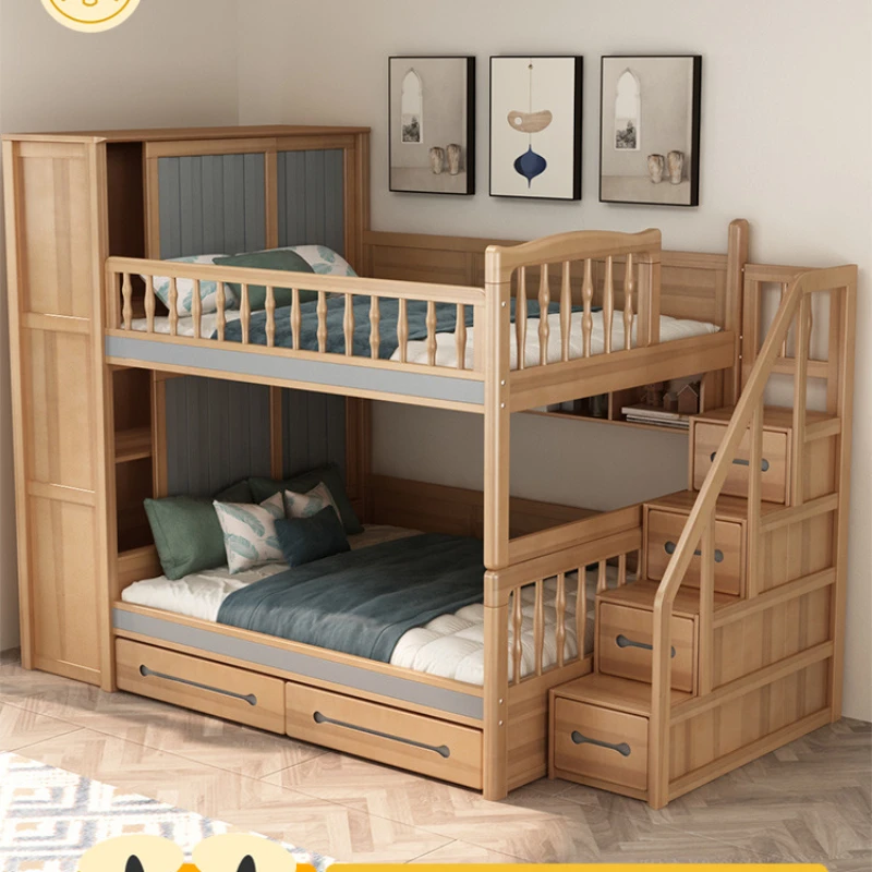 

All-solid wood bunk beds for children, multifunctional combination bunk beds for adults, and small-sized mother and