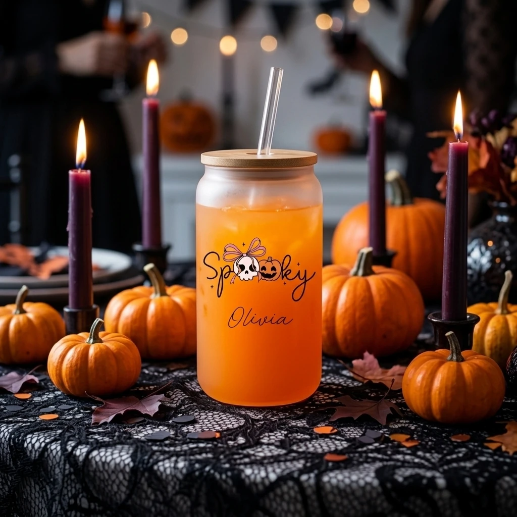 Custom Name Spooky Halloween Glass Cup with Bamboo Lid Straw,Clear & Frosted 2‑Styles Reusable Iced Coffee Drinking Cup view 5