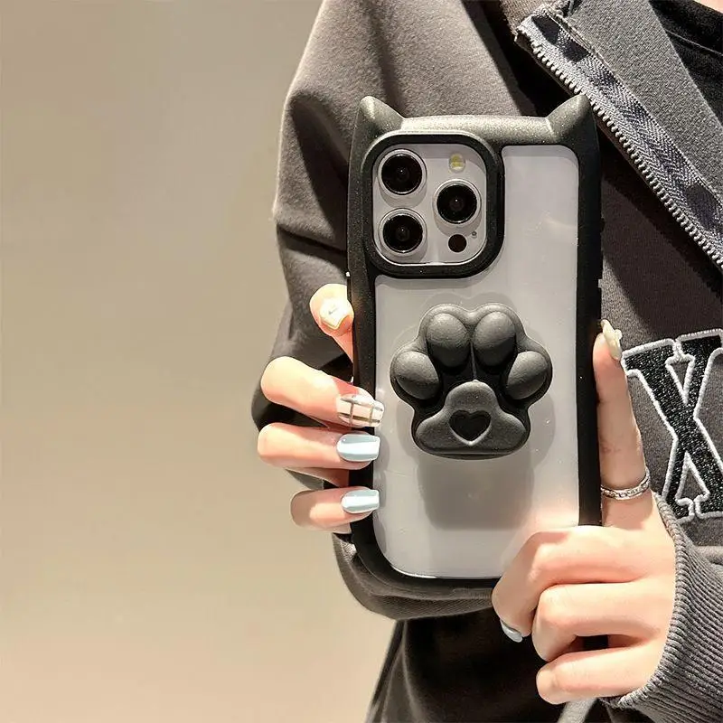 INS Cute 3D Cat Ear Claw Grip Tok Holder Phone Case for iPhone 15 14 13 12 11 Pro Max XR X XS Shockproof Transparent Back Cover