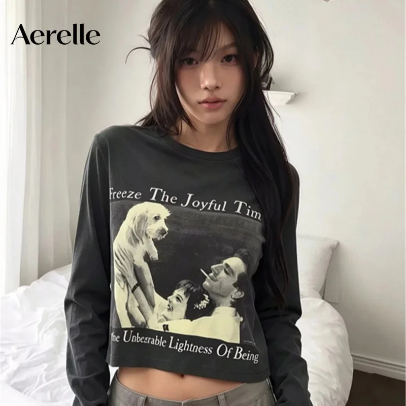 Women Fall Black Cropped T Shirt Cute Dog Print Positive Shoulder Loose Short Tops Y2K Hot Girl Streetwear Tee