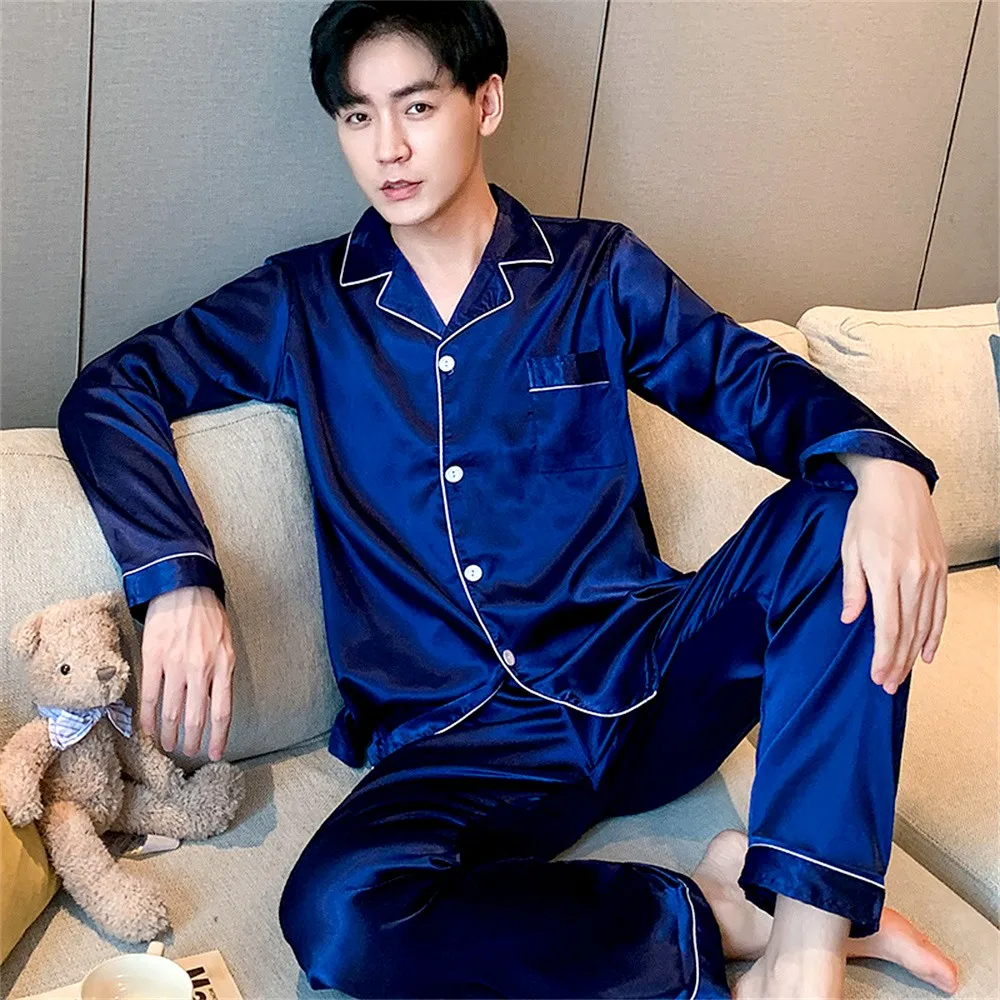 Men's Pajamas Set Silk Satin Sleepwear Shirt Long Short Sleeve Pijama Male Home Suit Soft Loungewear Big Size Winter Nightwear