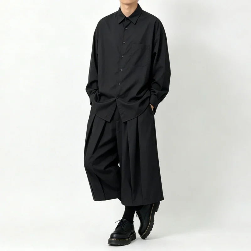 Men'S Casual Pants, Dark-Colored Wide-Leg Pants, Unisex Skirt-Pants, Loose High-Waisted Drawstring Cropped Pants B61