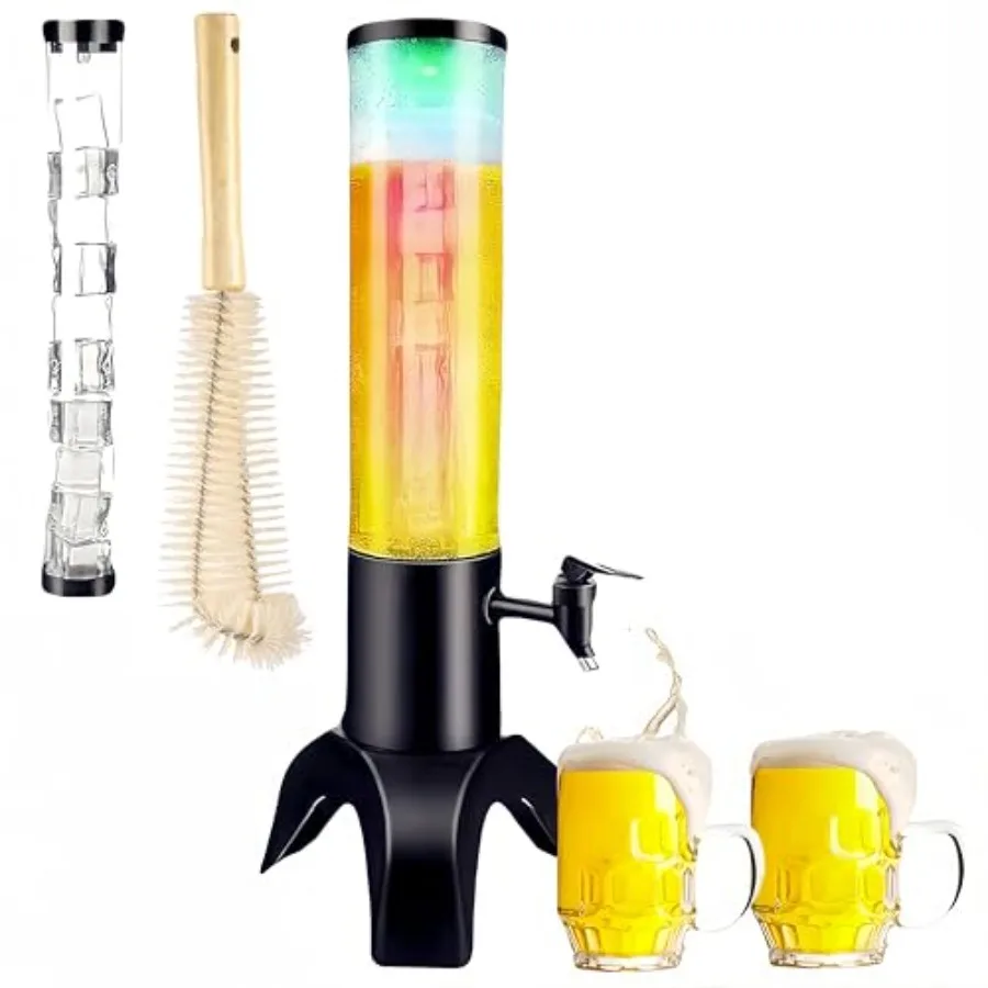 

Диспенсер для напитков Drink Tower: диспенсер для мимозы с трубкой для льда и LED-подсветкой, 50 унций/1,58 л, настольный диспенсер для пива для вечеринок, баров, пабов, ресторанов