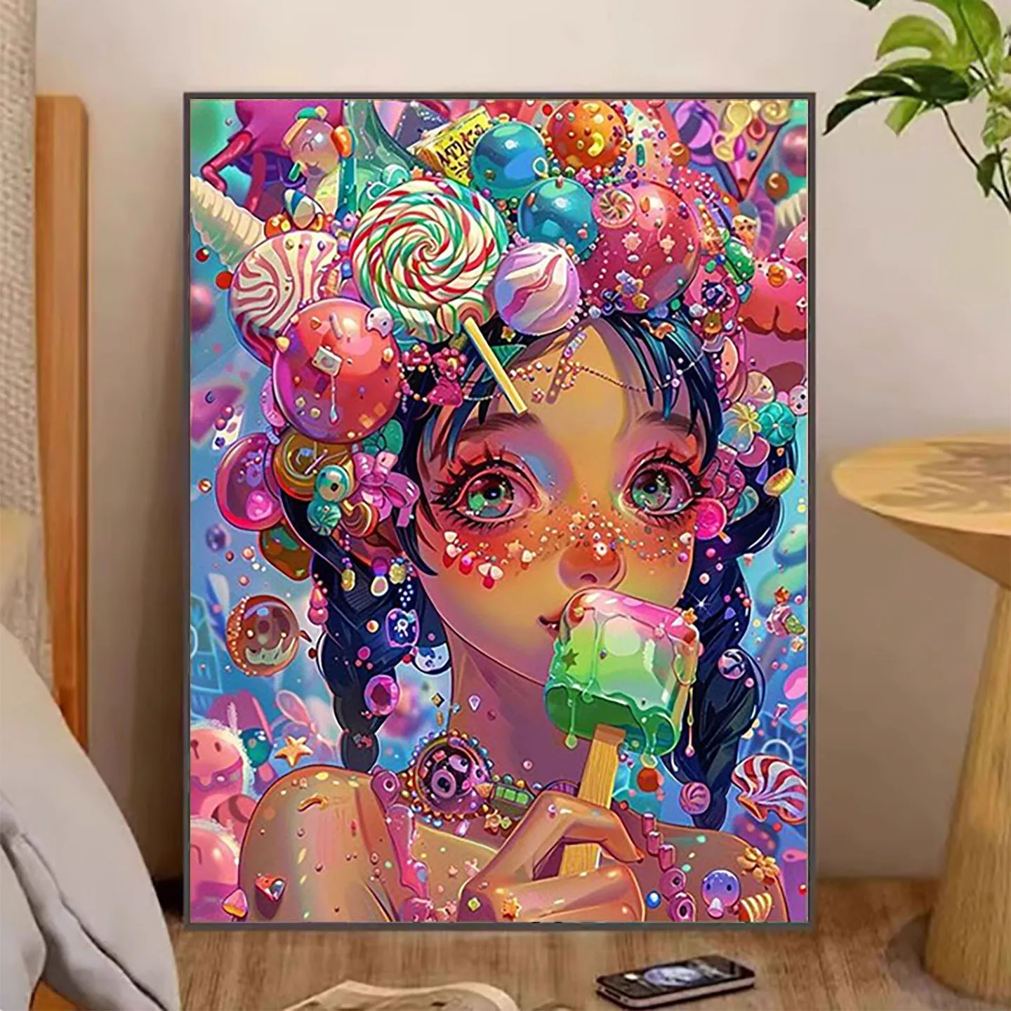 

Sweet Candy Girl Handmade Diamond Painting Modern Simple Sle Cross Stitch Living Room Decorative Artwork Unframed Canvas