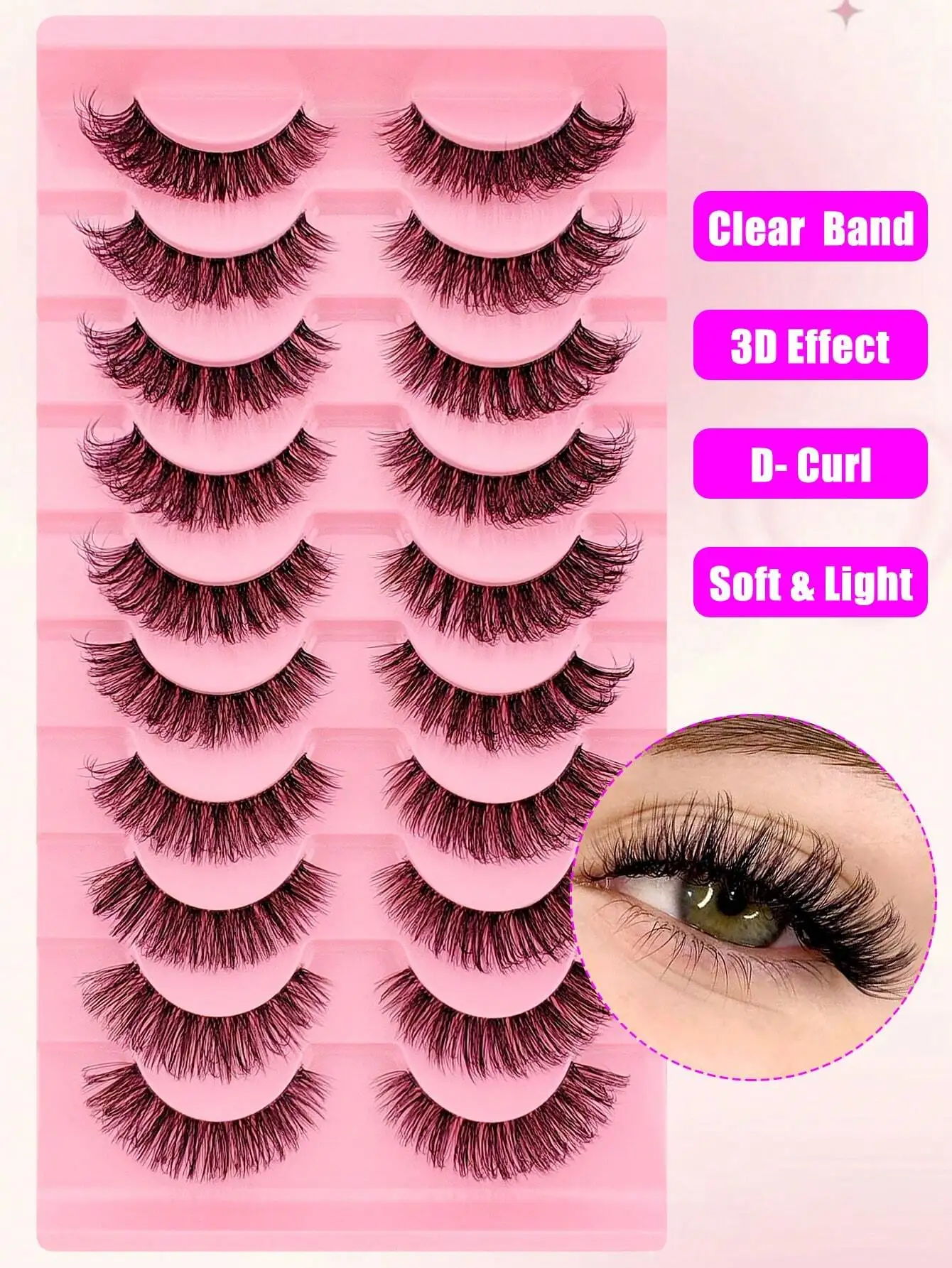 10 paires de Faux cils complets 15mm bande russe D Curl Faux vison œil de chat Look queue bande allongée cils