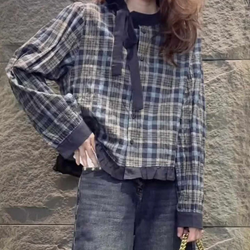 Retro Koreańska Krata Sle Plaid Damska Bluzka na Wczesną Jesień Faion Casual z Okrągłym Dekoltem Ne Design Ular Długa Sve z Włókna Poliestrowego
