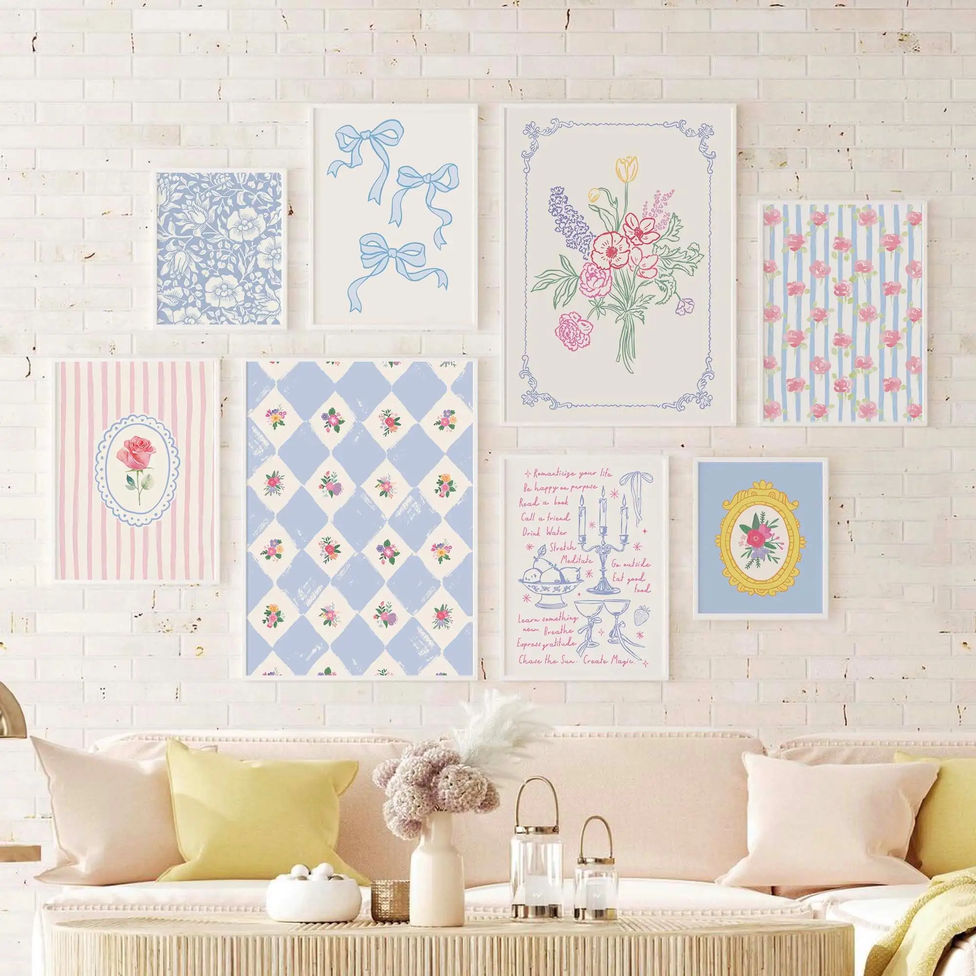 Póster de pared floral vintage con diseño de diamante, arte de pared imprimible estilo Cottage, impresión floral Grandmillennial, arte de pared Coquette lindo