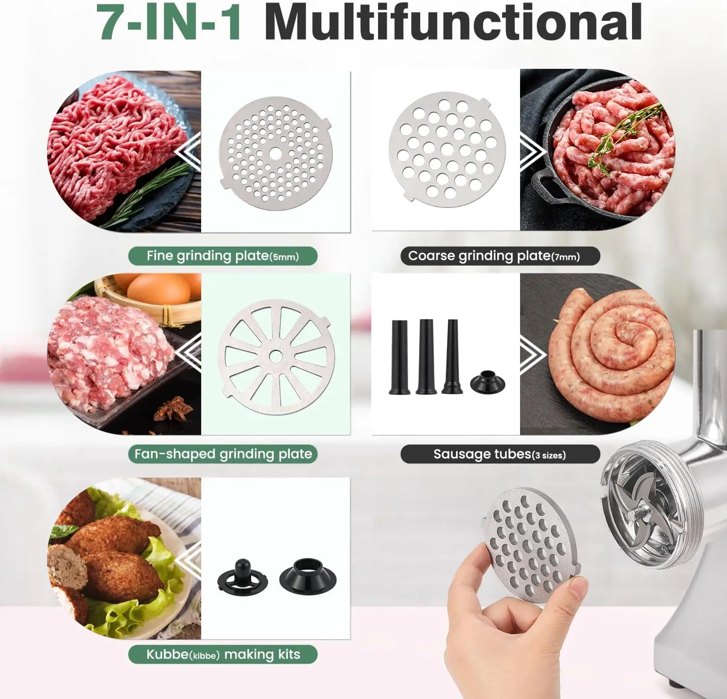 2800W Max Meat Mincer with Stainless Steel Blade&3 Plates, 3 Sausage Stuffers, Kubbe Kits Heavy Duty Food Grinding Machine for H