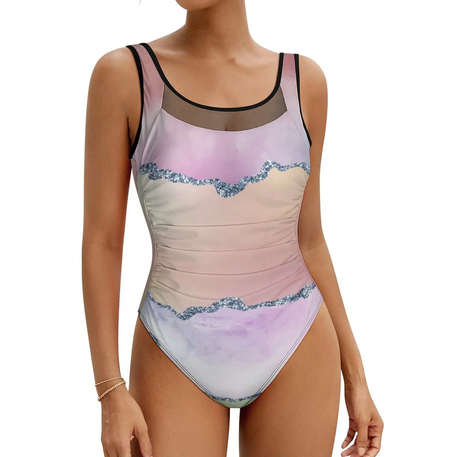 

Watercolor Ombre Swimsuit Sexy Peach Agate Print One-Piece Swimwear Push Up Swimsuits Stylish Holiday Surf Beach Wear