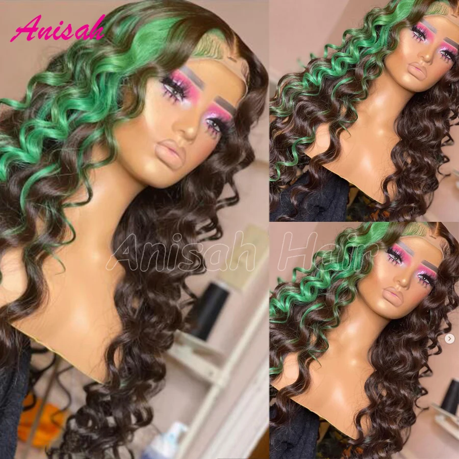 

Virgin Hair Green Highlight Human Hair 13x6 Lace Front Wigs Loose Deep Wave Colored 13x4 Lace Frontal Human Hair Wigs for Women