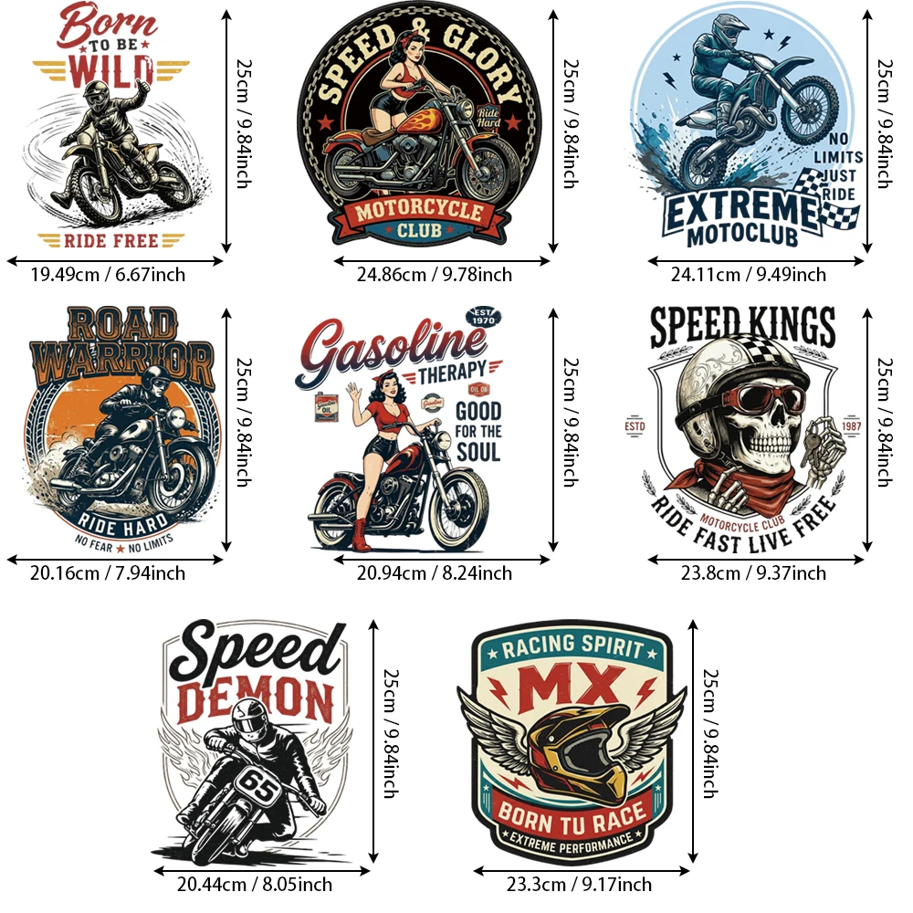 8Pcs Retro Biker Vinyl Iron-on Patches, Pin-Up Girl & Badge Lines, Thick Yet Flexible Film, Scrub-Proof Wash Durable No Crack