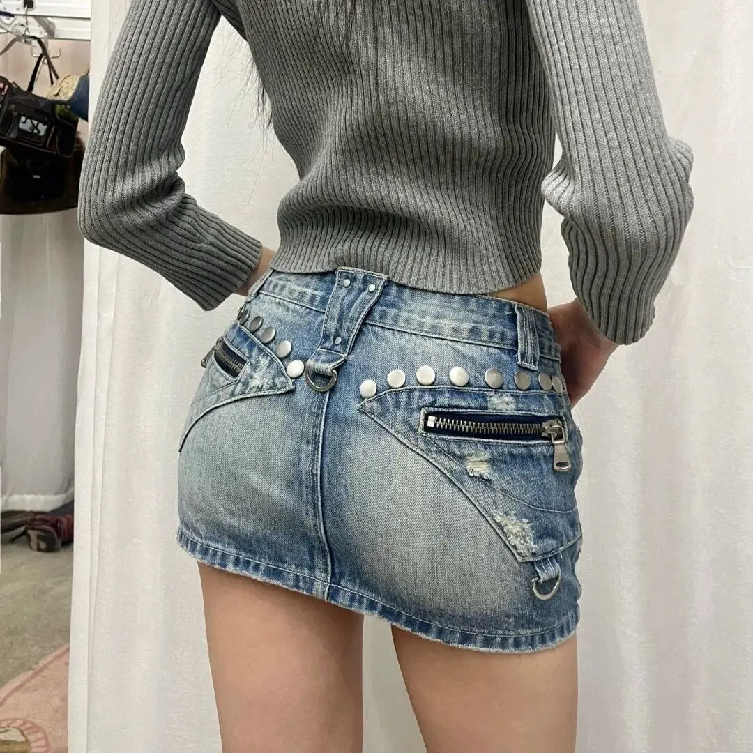 2024 Denim skirt American Y2K retro heavy industry rivet denim skirt female hot girl slimming slim a-line hip skirt trend