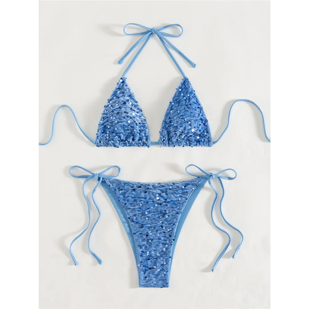 Pailletten-Bikini mit Neckholder, Damen-Badebekleidung, zweiteiliges Bikini-Set, mit Trägern, hoch geschnitten, Badeanzug, Badebekleidung, Modell V8326. – Detail 9