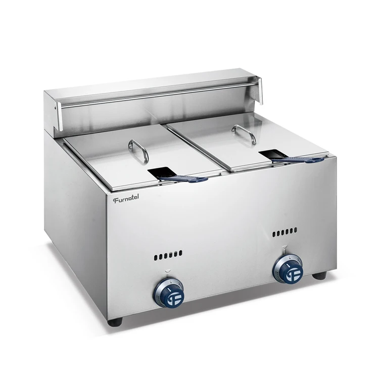 

Furnotel Restaurant Commercial Gas Counter Top Fryer Continuous Potato Chips Fryer Machine With 2 Tanks 2 Baskets