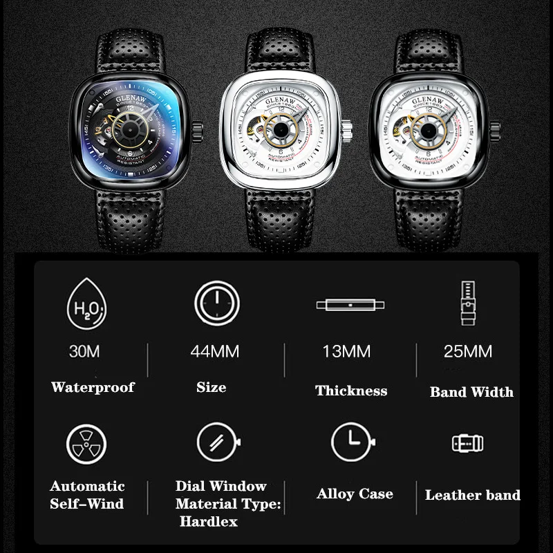 GLENAW New Square Large Dial Mechanical Watch Men with Scratch resistant Mirror Luminous Waterproof Top Luxury Mechanical Watch